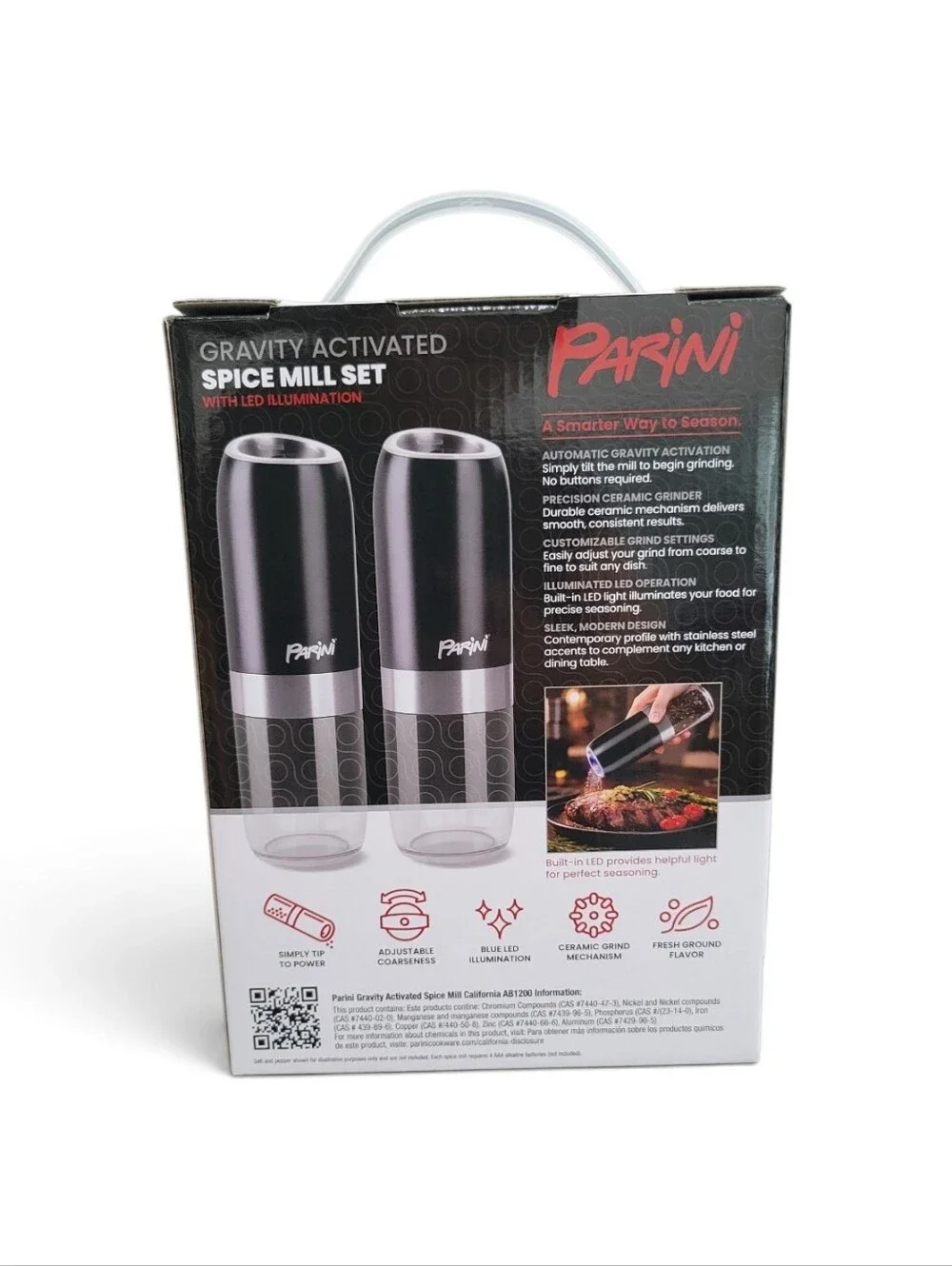 Parini Gravity Activated Spice Mill Set - Black with LED Illumination